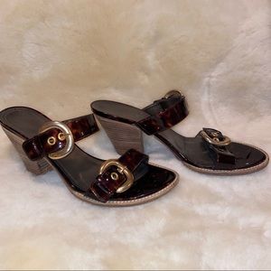 Leopard print, patent, strappy heeled sandal